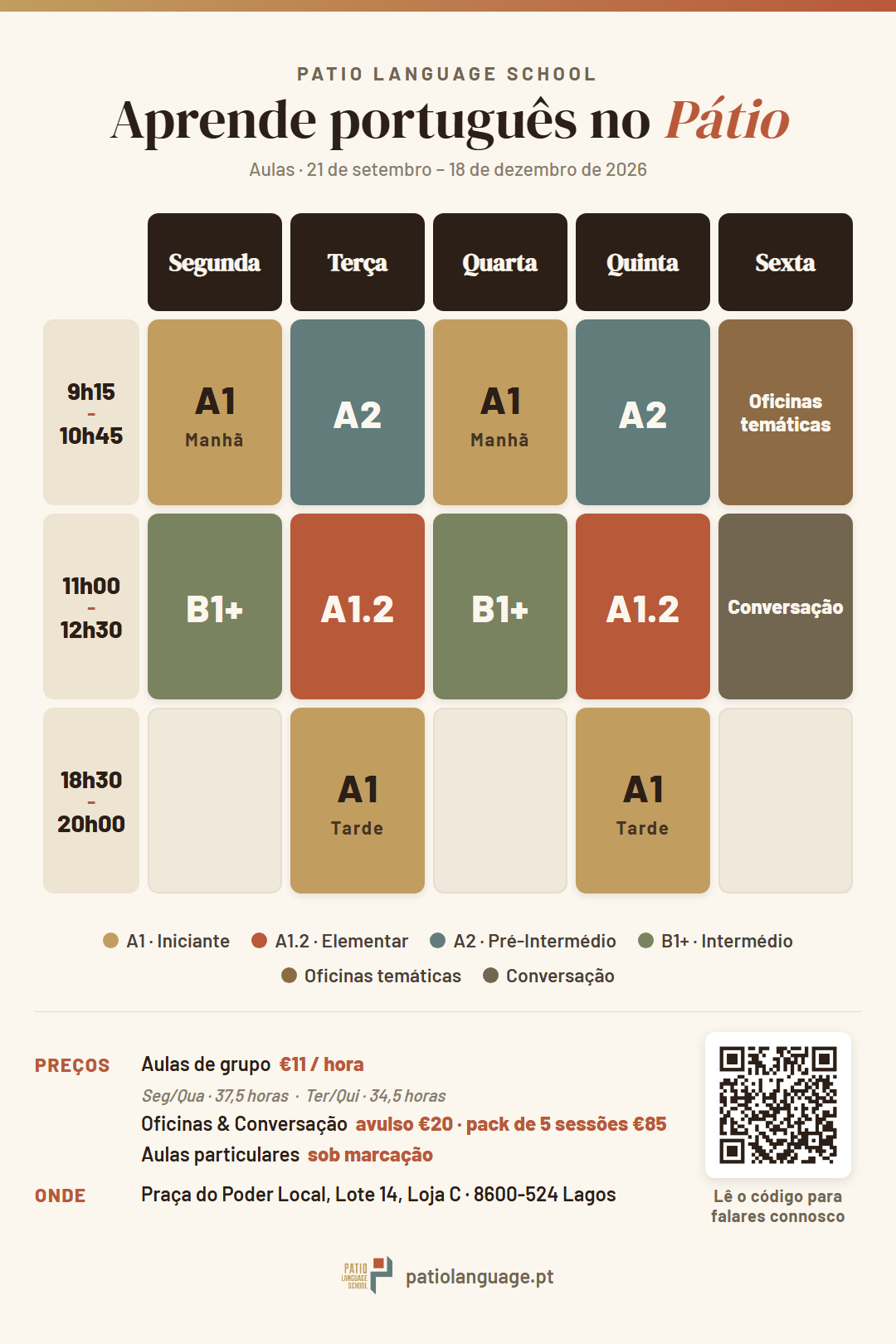Horário semanal de aulas da Patio Language School para o período de setembro a dezembro de 2026, com aulas de grupo, conversação e oficinas temáticas ao longo da semana e os preços
