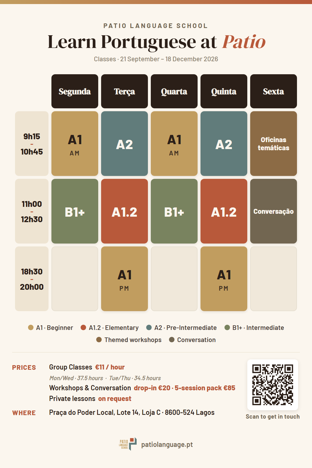 Patio Language School weekly class schedule for the September to December 2026 term, showing group courses, conversation and themed workshops across the week with prices